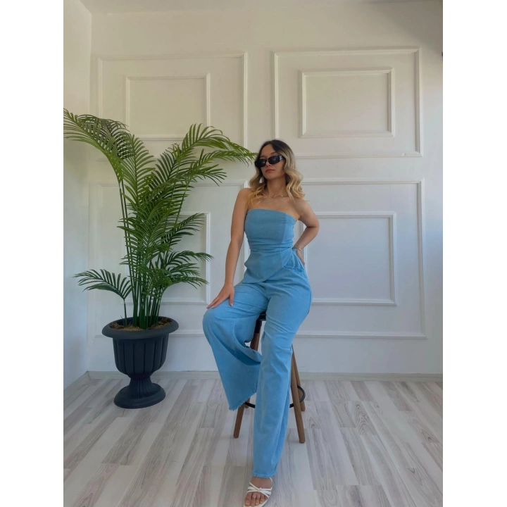 Kadın Yıkamalı Gabardin Kumaş Straplez Bustiyer Ve Pantolon İkili Takım