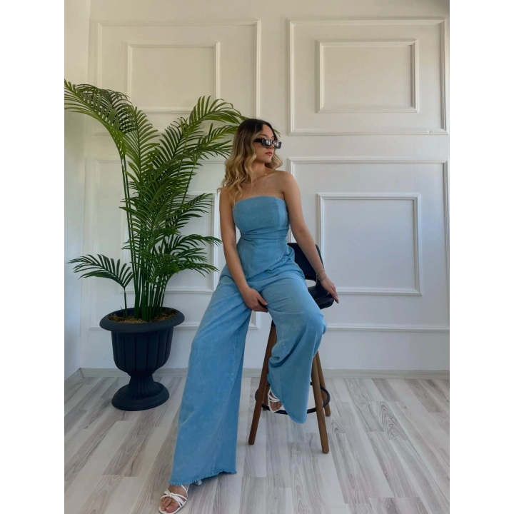 Kadın Yıkamalı Gabardin Kumaş Straplez Bustiyer Ve Pantolon İkili Takım