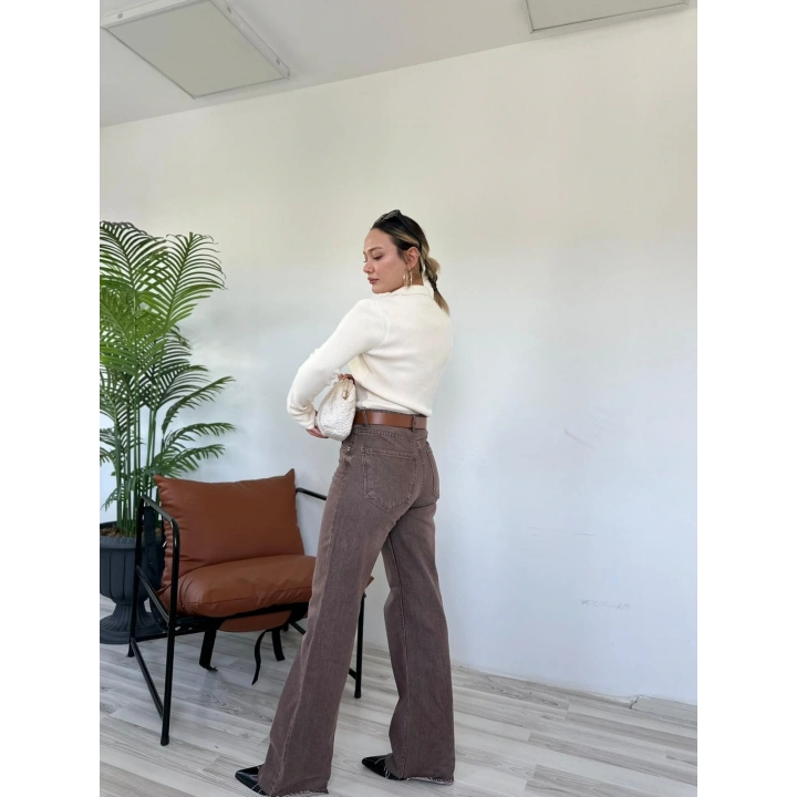 Kadın Yıkamalı Palazzo Pantolon Kahverengi