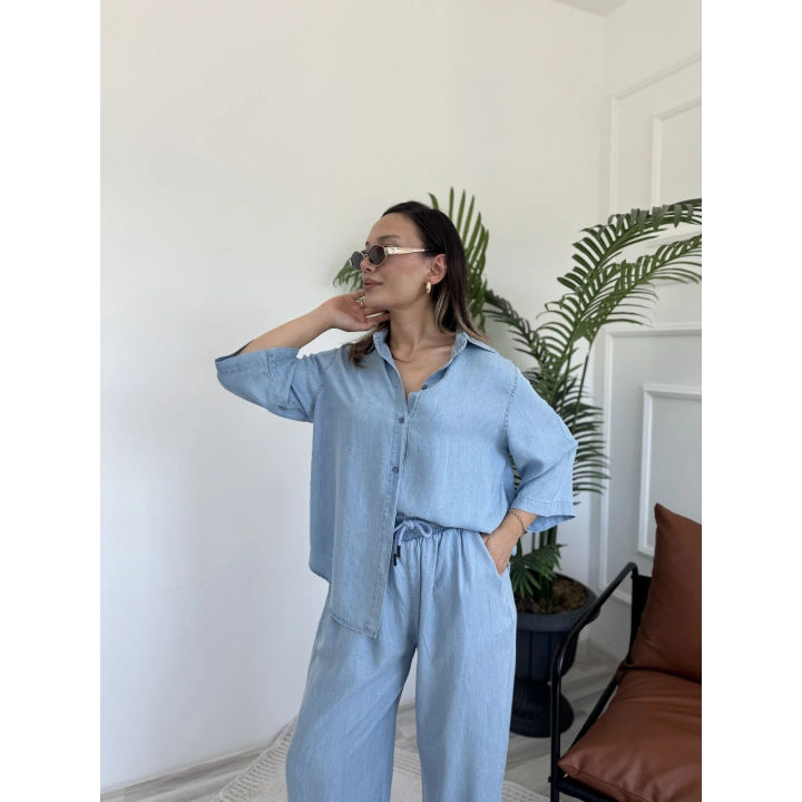 Kadın Yumuşak Dokulu Tencel Takım Açık Mavi