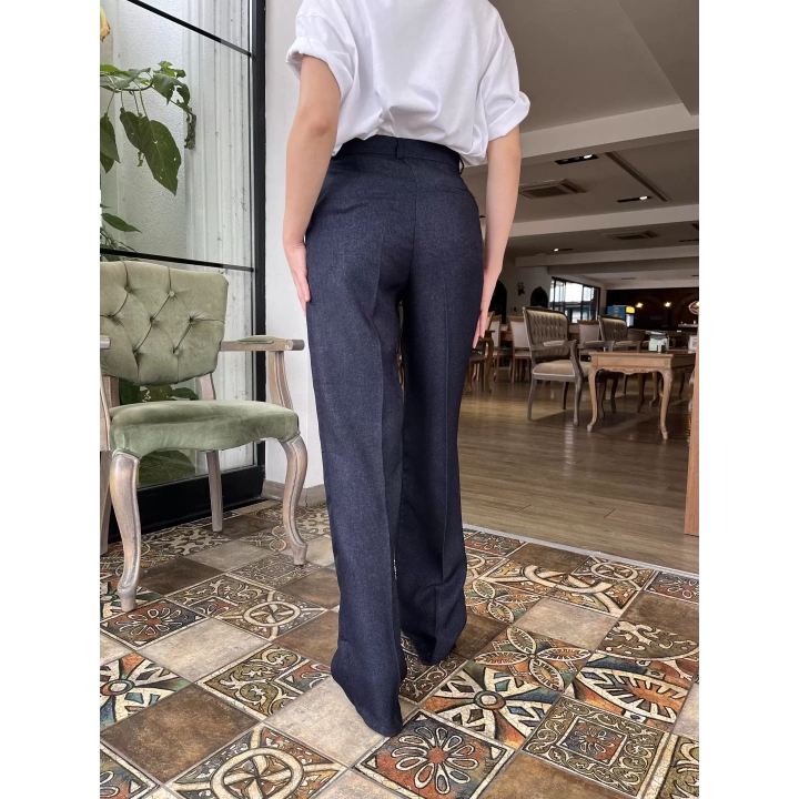Kadın Yün Efekt Palazzo Pantolon Lacivert