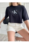 Kadın Oversize Crop Tişört Siyah