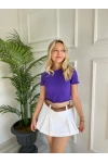 Kadın Büzgü Detaylı Crop Mor Tshirt