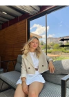 Kadın Çizgili Eteği Bej Garnili Ceket