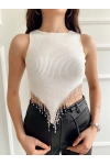 Kadın Taşlı Zincir Detaylı Triko Crop Ekru