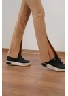 Kadın Paçası Yırtmaçlı Yüksek Bel Pantolon Camel