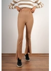 Kadın Paçası Yırtmaçlı Yüksek Bel Pantolon Camel