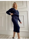 Kadın Bant Detaylı Düğmeli Etek-Hırka Takım Lacivert