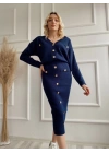 Kadın Bant Detaylı Düğmeli Etek-Hırka Takım Lacivert
