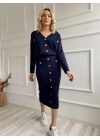 Kadın Bant Detaylı Düğmeli Etek-Hırka Takım Lacivert