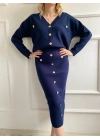 Kadın Bant Detaylı Düğmeli Etek-Hırka Takım Lacivert