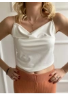 Kadın Ekru Degaje Yaka Crop
