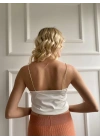 Kadın Ekru Degaje Yaka Crop