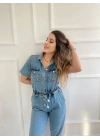 Kadın Bağcık Detaylı Kot Tulum Buz Mavi
