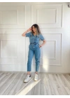 Kadın Bağcık Detaylı Kot Tulum Buz Mavi