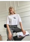 Kadın Oversize Crop Tişört Beyaz