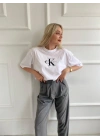 Kadın Oversize Crop Tişört Beyaz
