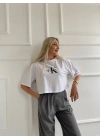 Kadın Oversize Crop Tişört Beyaz