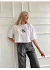 Kadın Oversize Crop Tişört Beyaz