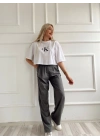 Kadın Oversize Crop Tişört Beyaz