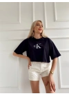 Kadın Oversize Crop Tişört Siyah