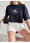 Kadın Oversize Crop Tişört Siyah