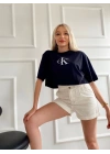 Kadın Oversize Crop Tişört Siyah
