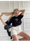 Kadın Oversize Crop Tişört Siyah