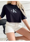 Kadın Oversize Crop Tişört Siyah