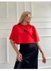 Kadın Oversize Crop Tişört Kırmızı