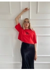 Kadın Oversize Crop Tişört Kırmızı