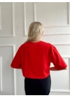 Kadın Oversize Crop Tişört Kırmızı