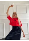 Kadın Oversize Crop Tişört Kırmızı