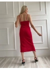 Kadın Askılı Yırtmaçlı Elbise Kırmızı