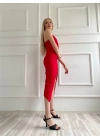 Kadın Askılı Yırtmaçlı Elbise Kırmızı