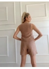 Kadın Keten Şort Ve Yelek İkili Takım Camel