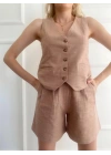 Kadın Keten Şort Ve Yelek İkili Takım Camel
