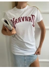 Kadın Basic Tişört Harvard Baskılı Beyaz