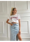 Kadın Basic Tişört Harvard Baskılı Beyaz