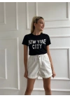 Kadın Basic Tişört Newyork City Baskılı Siyah