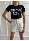 Kadın Basic Tişört Newyork City Baskılı Siyah
