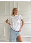 Kadın Basic Tişört Paris Baskılı Beyaz