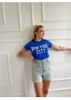 Kadın Basic Tişört New York City Baskılı Mavi