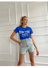 Kadın Basic Tişört New York City Baskılı Mavi