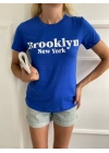 Kadın Basic Tişört Brooklyn New York Baskılı Mavi