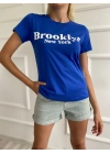 Kadın Basic Tişört Brooklyn New York Baskılı Mavi