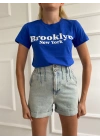 Kadın Basic Tişört Brooklyn New York Baskılı Mavi