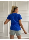 Kadın Basic Tişört Parıs Le Maraıs Baskılı Mavi