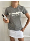 Kadın Basic Tişört Brooklyn New York Baskılı Gri