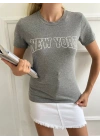 Kadın Basic Tişört Newyork Baskılı Gri